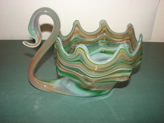Retro Art Glass Swan w Deep Bowl Blue Orange