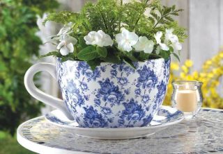 Giant Ceramic Teacup Flower Pot in Blue Rose Pattern