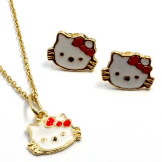  Bow Enamel Hello Kitty Gold 18k GF Baby Girl Earrings Peandant Charm