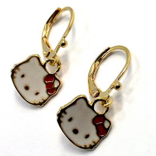 Gold 18K GF Earrings Red Enamel Hello Kitty Leverback Dangle Girl Kids