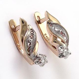 Russian Style Jewelry 18k Rose & White Gold Genuine Diamond Earrings #