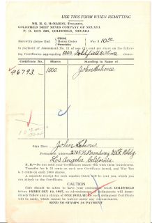 Goldfield Deep Mines Company of Nevada Payment of Assessment 1927