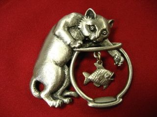  Tone Cat with Paw in Goldfish Bowl Dangling Fish by JJ Brooch