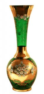 Czech Vintage Emerald Green Glass Vase Painted Gold 12