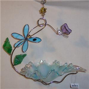 Blue Glass Bird Feeder with Pink Butterfly
