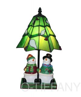Tiffany Style Stained Glass Accent Lamp Snowman Pair