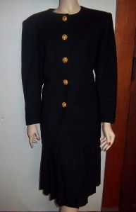 Vtg Christian Dior Black 2 PC Wool Suit Jacket Pleated Skirt Size 14