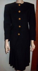 Vtg Christian Dior Black 2 PC Wool Suit Jacket Pleated Skirt Size 14