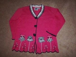 Storybook Knits Cardigan Pink Black Sweater Passionate Hearts Size L