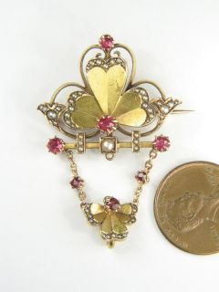 Beautiful Antique Russian 14k Gold Ruby Pearl Pin Brooch C1910