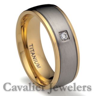 Mens Titanium 18K Gold Plated Ring Wedding Band Simulated Diamond 2504