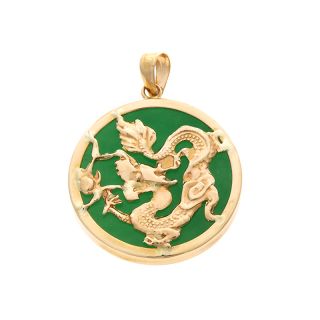 14kt Yellow Gold Green Jade Dragon Circular Pendant