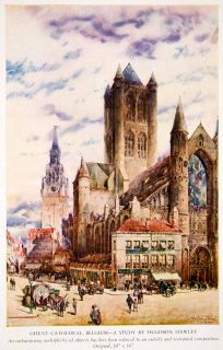 1943 Color Print St Bavo Cathedral Ghent Belgium Church Cityscape