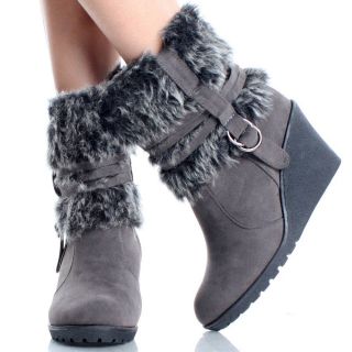 Gray Wedge Boots Snow Winter Fur Furry Mukluk Cute Womens High Heels
