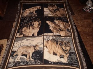 WOLF WOLVES 6 SCENES AFGHAN THROW BLANKET TAPESTRY GOODWIN WEAVERS USA