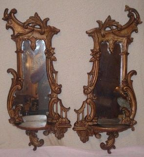 Pair Antique French Rococo Wall Mirror w Shelf Carved Baroque Gilt