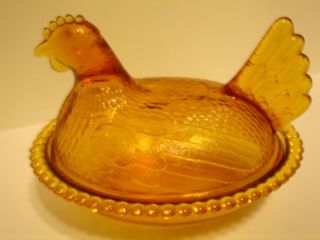 Vintage Amber Color Depression Glass Hen in Nest Covered Dish