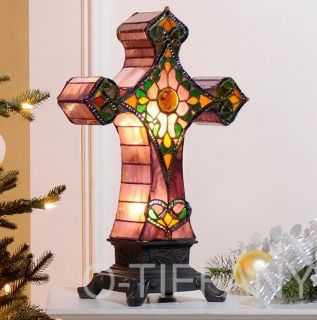 Tiffany Style Stained Glass Accent Lamp Antique Cross