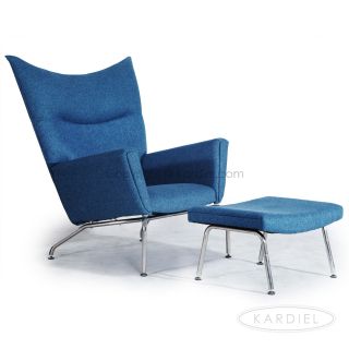 Hans J Wegner Style Wing Chair & Ottoman, Azure Houndstooth Twill