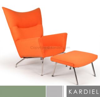 Hans J Wegner Style Wing Chair Ottoman Orange Bouclé Cashmere Wool
