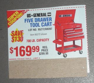 Harbor Freight Five 5 Drawer 700 lb Service Tool Cart $130 Off Coupon