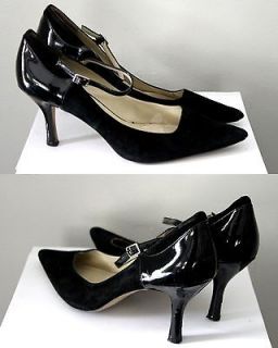 NINE WEST Suede PATENT BLACK Leather POINTY TOE Mary Janes HEELS Pumps