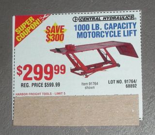HARBOR FREIGHT TOOLS 1000 LB CAPACITY MOTORCYCLE LIFT TABLE 300 COUPON