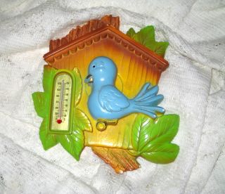 Vintage Retro Bluebird Wall Plaque Plaster Chalk Ware Thermometer