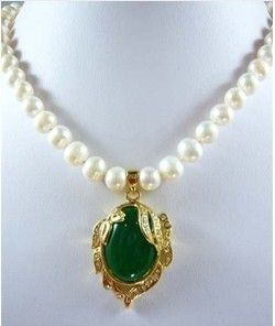 Noblest White Pearl Green Jade 18K GP Pendant Necklace