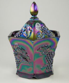 Fenton Glass Black Carnival Candy Box Jar Grapes Design 2008