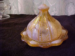 Greentown Glass Holly Amber or Golden Agate Butter Dish