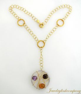 14K Solid gold Two Tone Necklace 17.0 with Amethyst,Smokey Topaz
