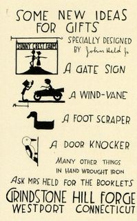 1924 Ad Grindstone Hill Iron Forge Wrought Home Signs John Held Jr Mrs