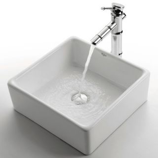 Kraus Ceramic 5 x 15 Square Sink in White with Bamboo Single Lever