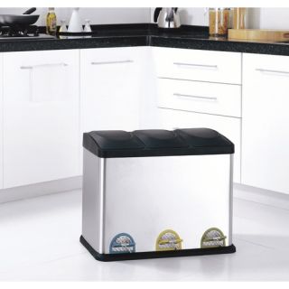 Three Compartment Step On Recycling Bin in Stainless Steel and Black