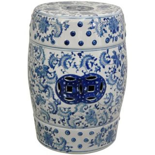 Oriental Furniture Garden Stool with Blue Floral Design in White