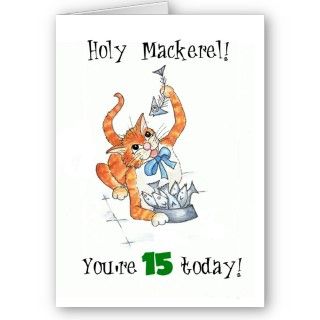 whimsical birthday card for a 15 year old with a cat and a bowl of