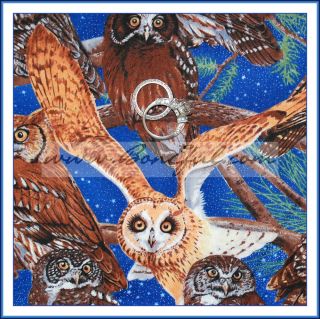  Fabric Winter Night Blue Sky Star Tree Owl White Bird Great 4 Harry