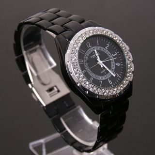  Bling Crystal Black Dial Stainless Steel Army Sport Wrist Watch