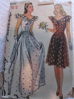 Vintage 1940s Simplicity Pattern 1039 Ball Gown Dress