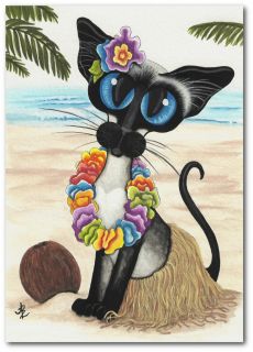 Siamese Cat Hawaiian Luau Grass Skirt Coconut Beach ArT   by BiHrLe