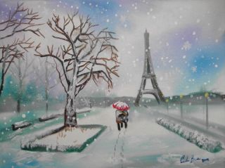 Paris Eiffel tower couple winter snow scene original painting Gordon