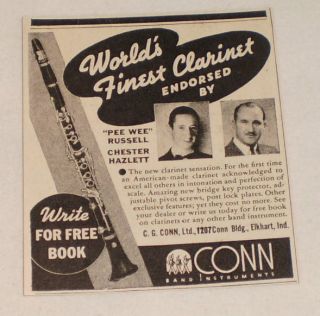 small 1939 Conn Clarinet ad ~ PEE WEE RUSSELL,CHESTER HAZLETT