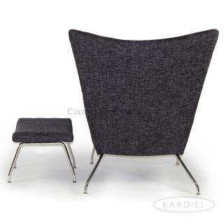 Hans J Wegner Style Wing Chair & Ottoman, Graphite Retrospeck Twill