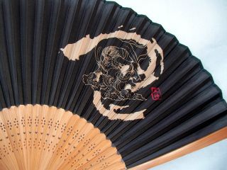 japanese legend god of wind black silk hand fan with