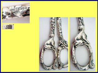 Antique Art Nouveau Grape Shears Scissors Silver w Figural Foxes Dogs