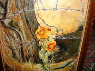 vintage oil painting flower w barbwire harnish