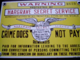 ANTIQUE HARGRAVE SECRET SERVICE SIGN.PORCELAIN OLD AND REAL NOT TIN