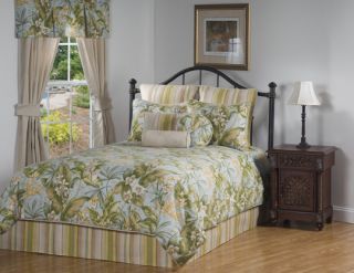 4pc Sky Blue/Green Tropical Palm Leaf & Blossom Design Comforter Set