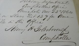 Signed Document by Henry H Goldsborough Payment for Slave